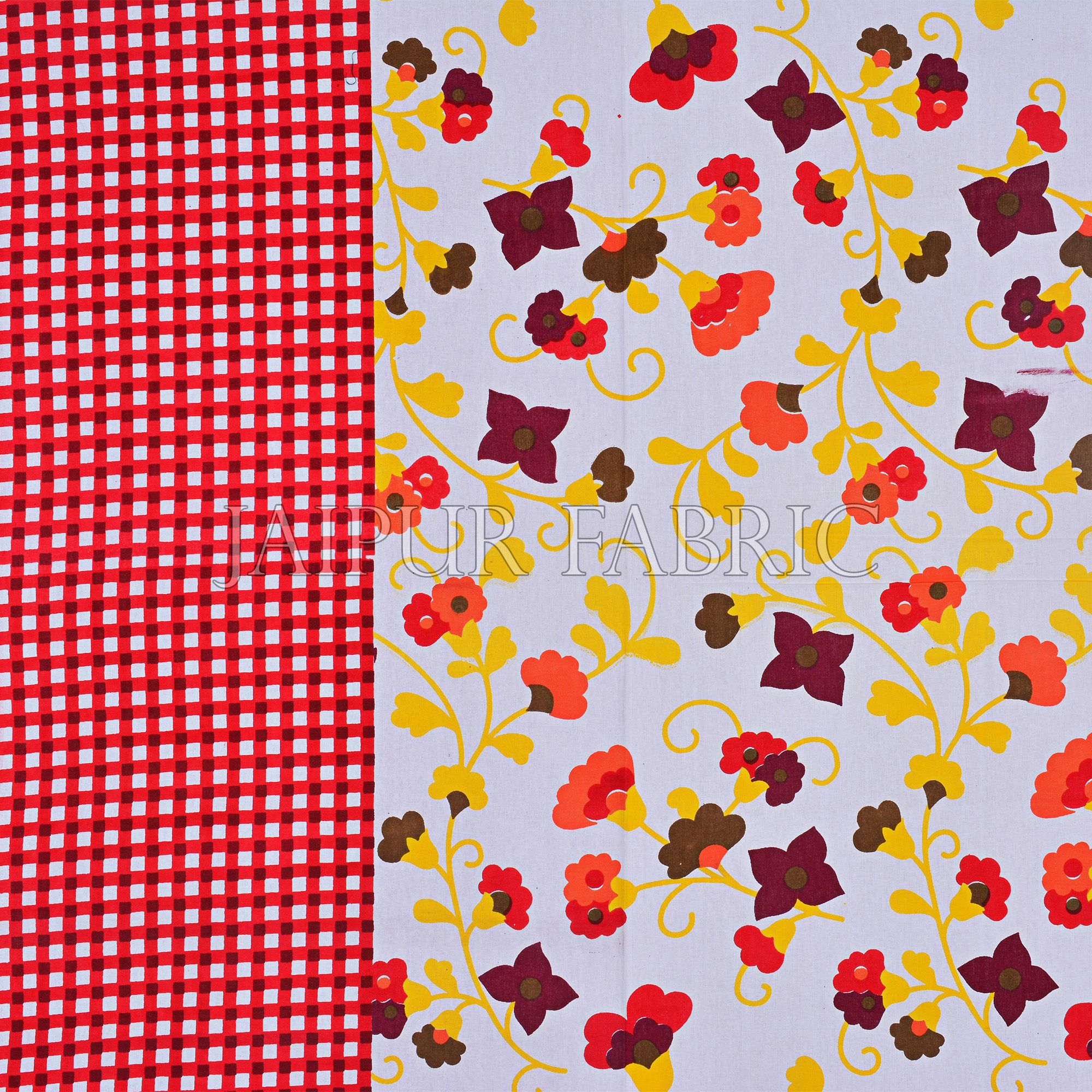 Red Checkered Border Floral Print Cotton Double Bed Sheet