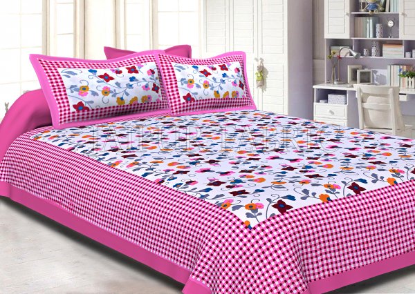 Pink Checkered Border Floral Print Cotton Double Bed Sheet