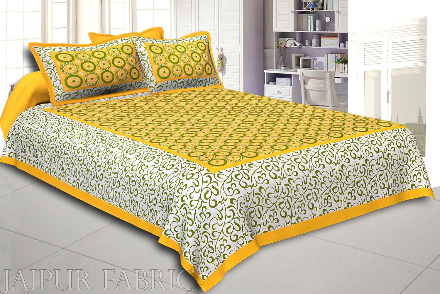 Yellow Border Dotted Circle and Tropical Printed Cotton Double Bed Sheet