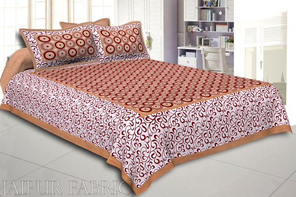 Khaki Border Dotted Circle and Tropical Printed Cotton Double Bed Sheet