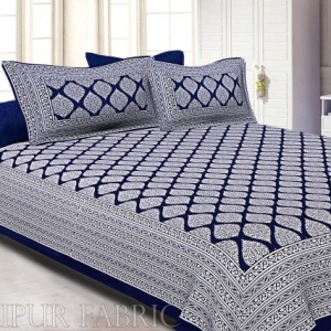 Navy Blue Border White  Base Lahariya Print Super Fine Cotton Double Bedsheet
