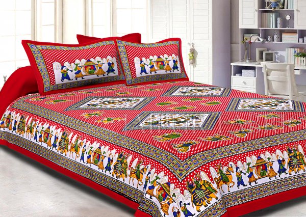 Red base Jaipur doli design with elephant Print Double Bed Sheet and Pillow Covers
