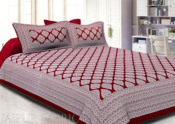Maroon Border White Base Lahariya Print Super Fine Cotton Double Bedsheet