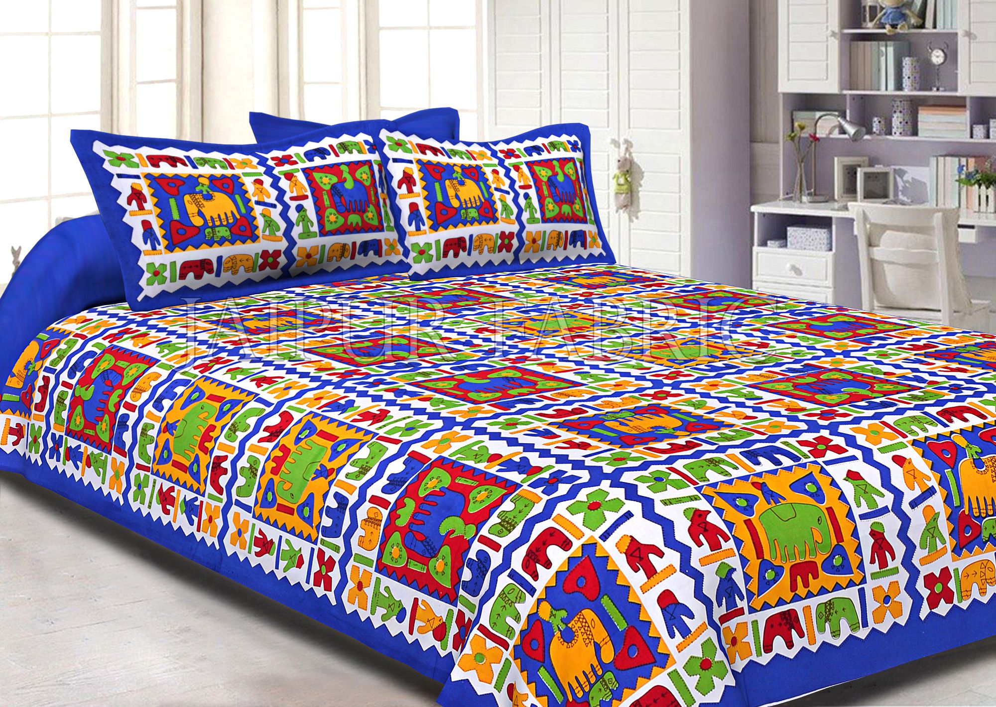 Blue Border Multi Color Cotton Double Bed Sheet