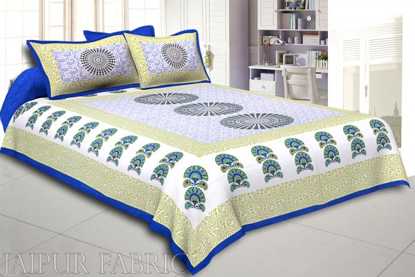 Blue Border Sanganeri Printed Cotton Double Bed Sheet