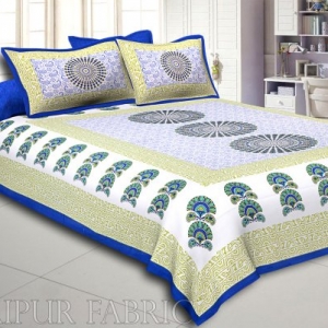 Blue Border Sanganeri Printed Cotton Double Bed Sheet
