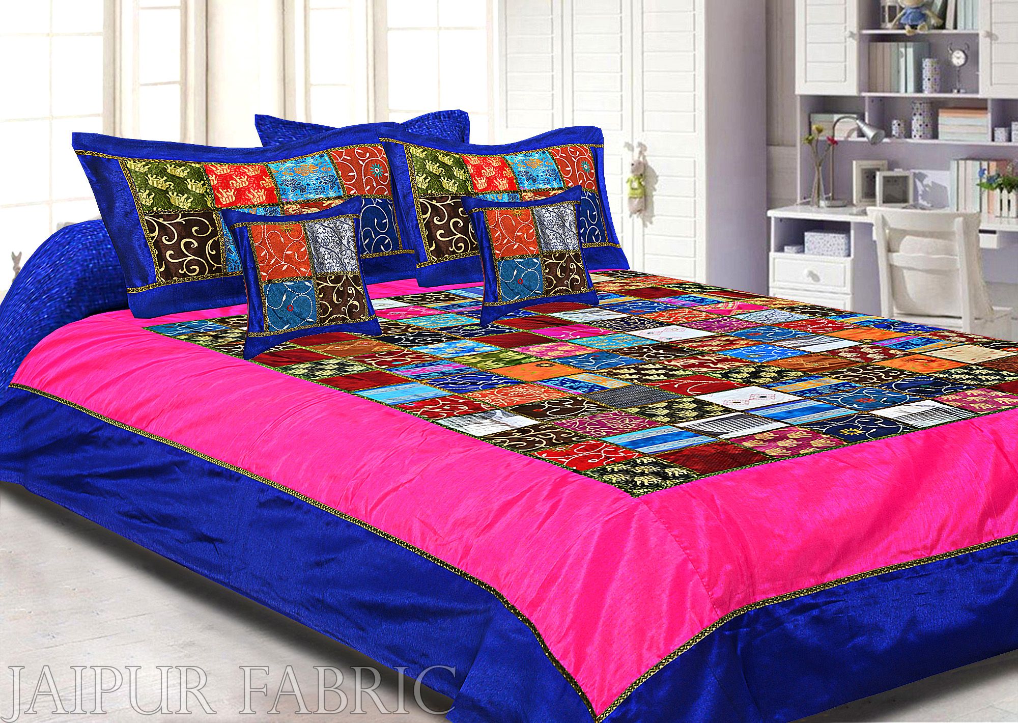 Navy Blue And Rani Border Mix Tukdi Silk And Zari Embroidery Silk Double Bedsheet