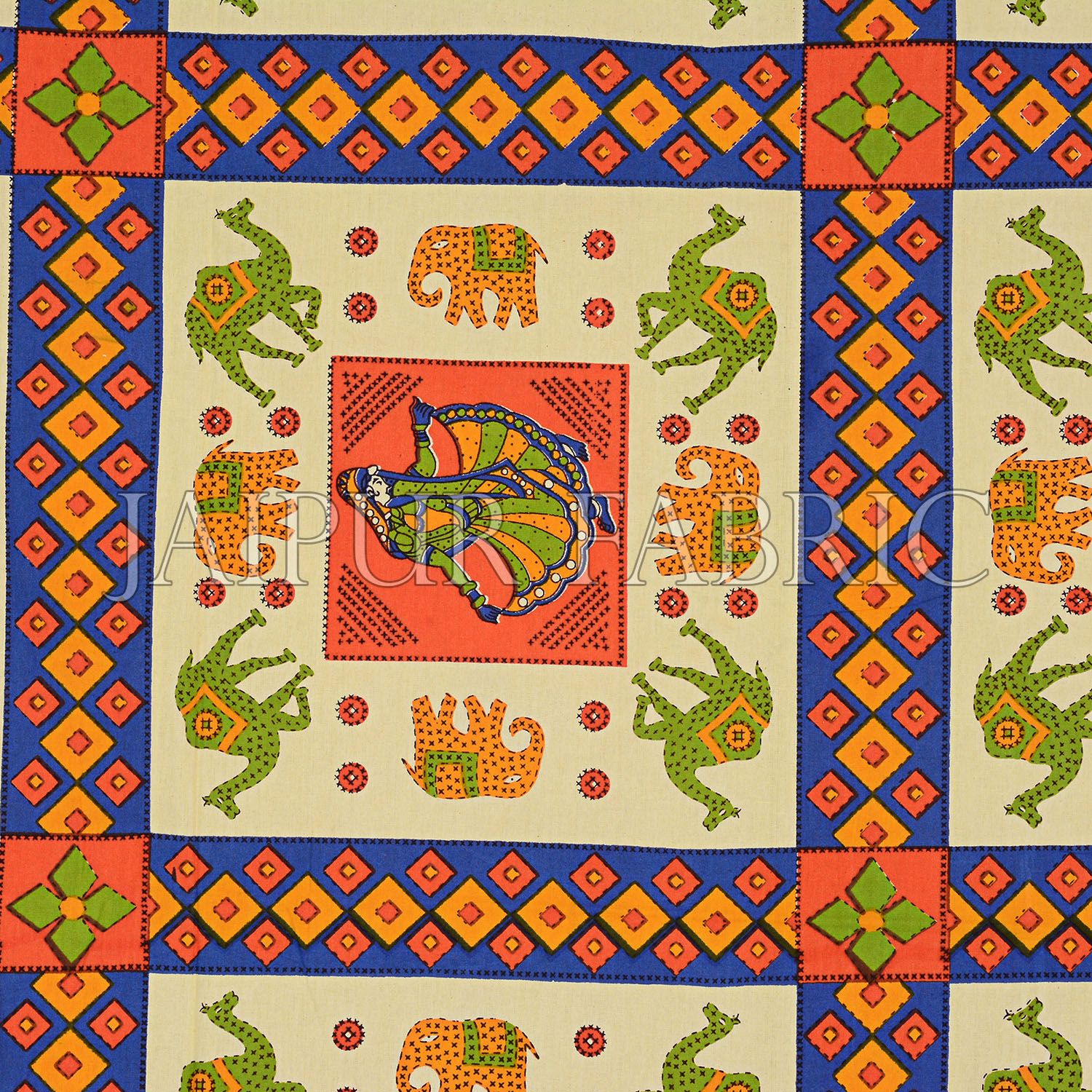 Orange Border Elephant and Camel Rajasthani Folk Dance Cotton Double Bed Sheet