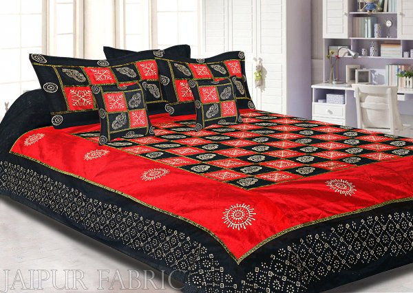 Red And Black Chess Gold Patten  With Golden Print Silk Double Bedsheet