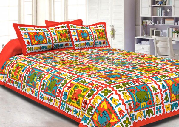 Orange Border Multi Color Cotton Double Bed Sheet