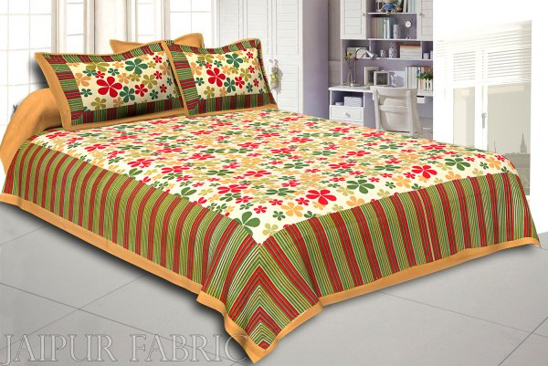 Multi Color Floral Vertical Stripes Beige Border Cotton Double Bed Sheet