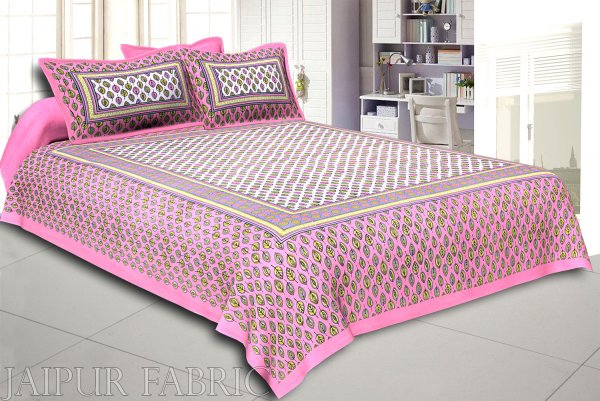 Pink Base leaf and circles Printed Cotton Double Bed Sheet