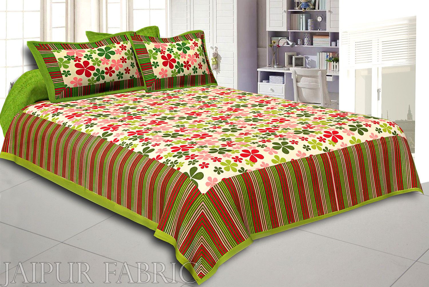 Multi Color Floral Vertical Stripes Green Border Cotton Double Bed Sheet