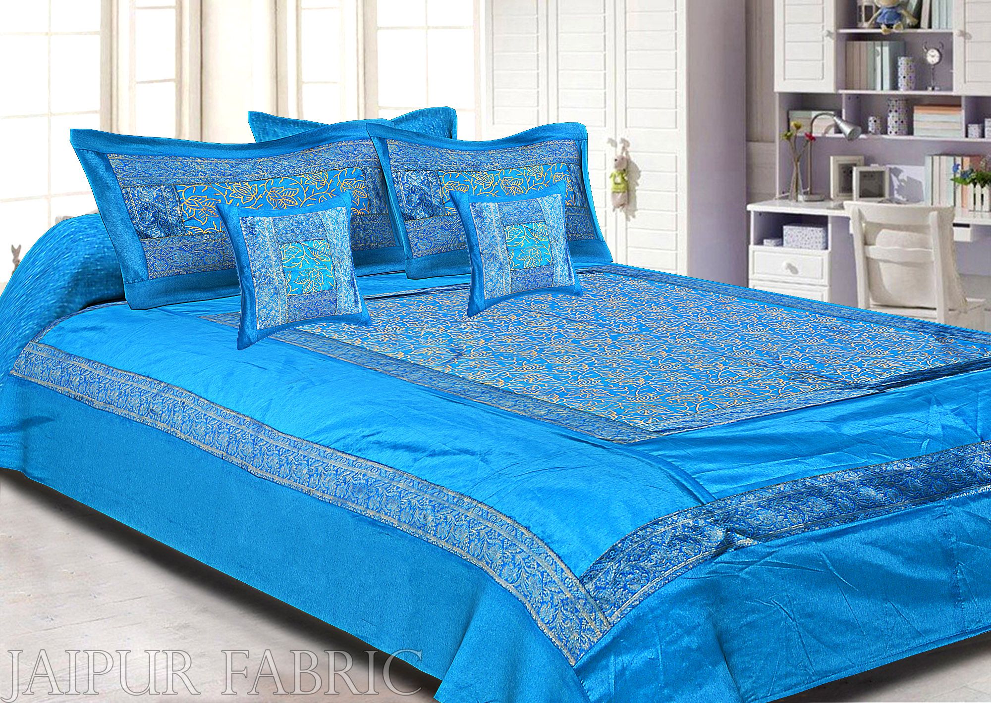 Firozi Base With Golden Print And Zari Border Silk Double Bedsheet