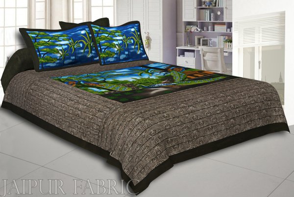 Dark Brown Brown Base 2 Paire Peacock Double Bedsheet With Two Pillow Cover