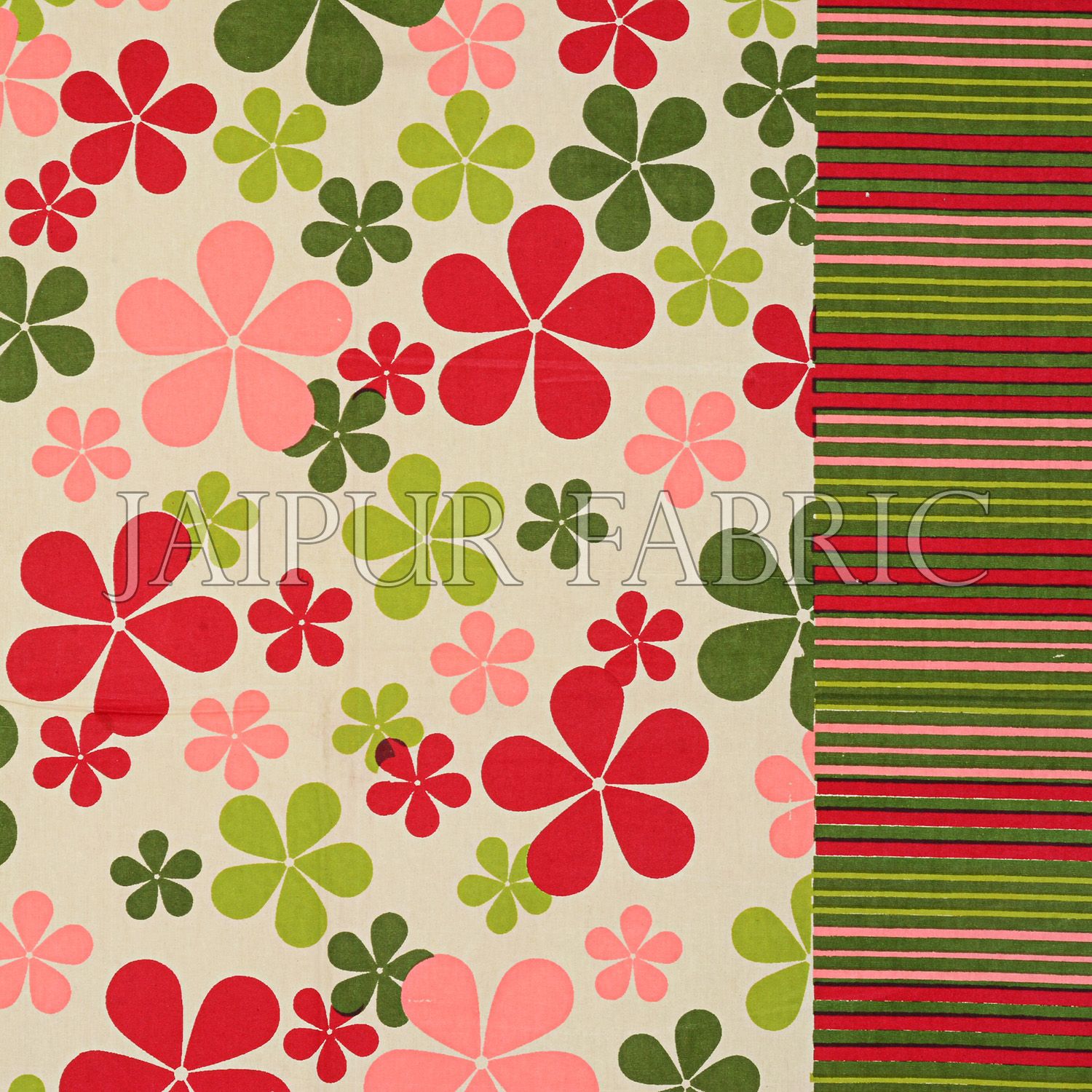 Multi Color Floral Vertical Stripes Green Border Cotton Double Bed Sheet