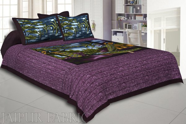 Purple  Border With Green Base Peacock Print Pigment Cotton Double Bedsheet With Two Pillow Cover
