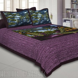 Purple  Border With Green Base Peacock Print Pigment Cotton Double Bedsheet With Two Pillow Cover