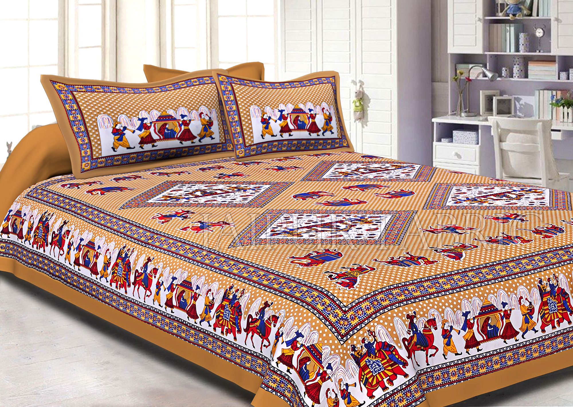 Brown base Jaipur doli design  with elephant Print Double Bed Sheet and Pillow Covers