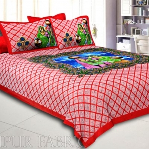 Red Border White  And Blue Base Paniharan  Pattern Double Bedsheet With Two Pillow Cover