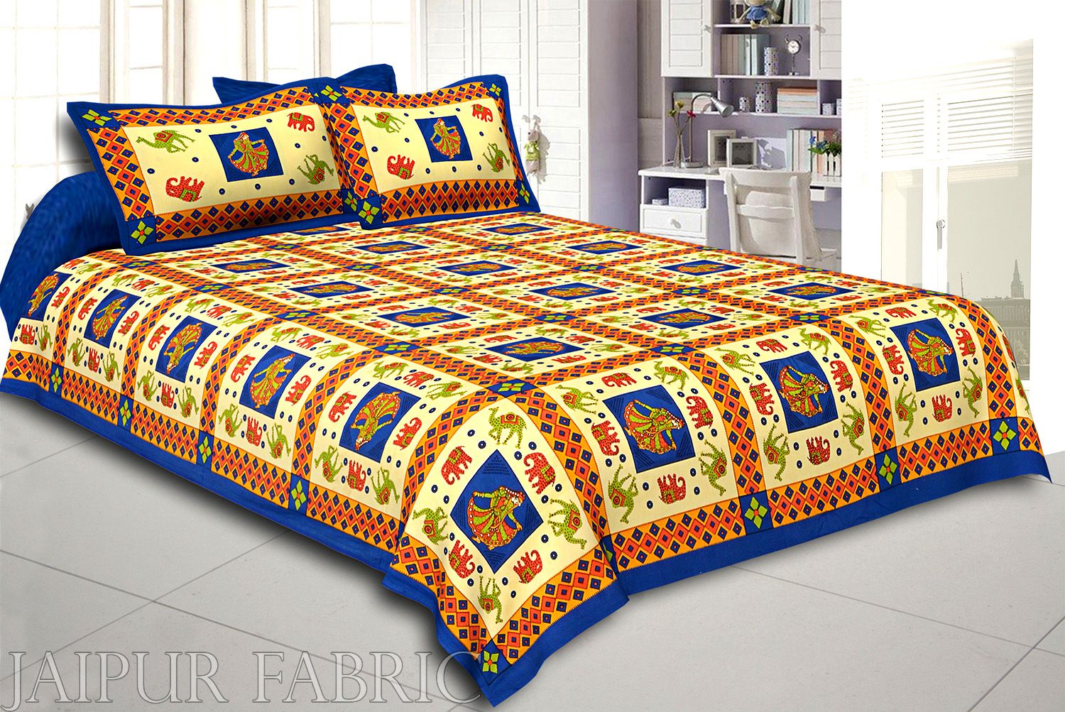 Blue Border Elephant and Camel Rajasthani Folk Dance Cotton Double Bed Sheet
