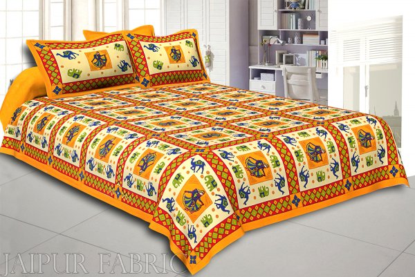 Yellow Border Elephant and Camel Rajasthani Folk Dance Cotton Double Bed Sheet