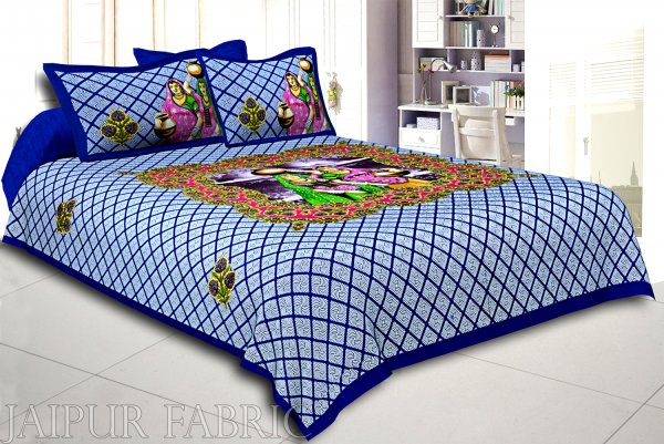 Blue Border White  And Blue Base Paniharan  Pattern Double Bedsheet With Two Pillow Cover