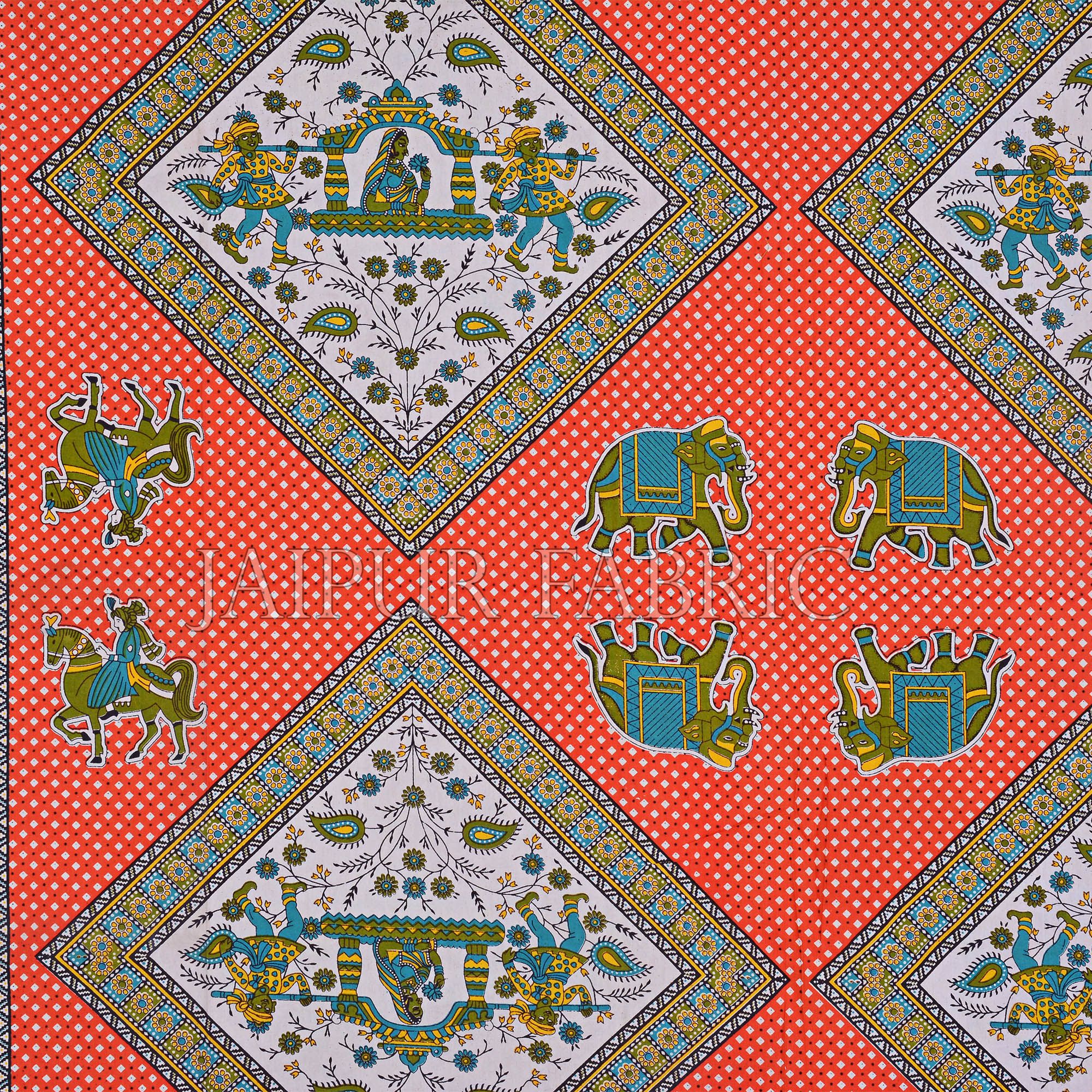 Orange base Jaipur doli design with elephant Print Double Bed Sheet and Pillow Covers