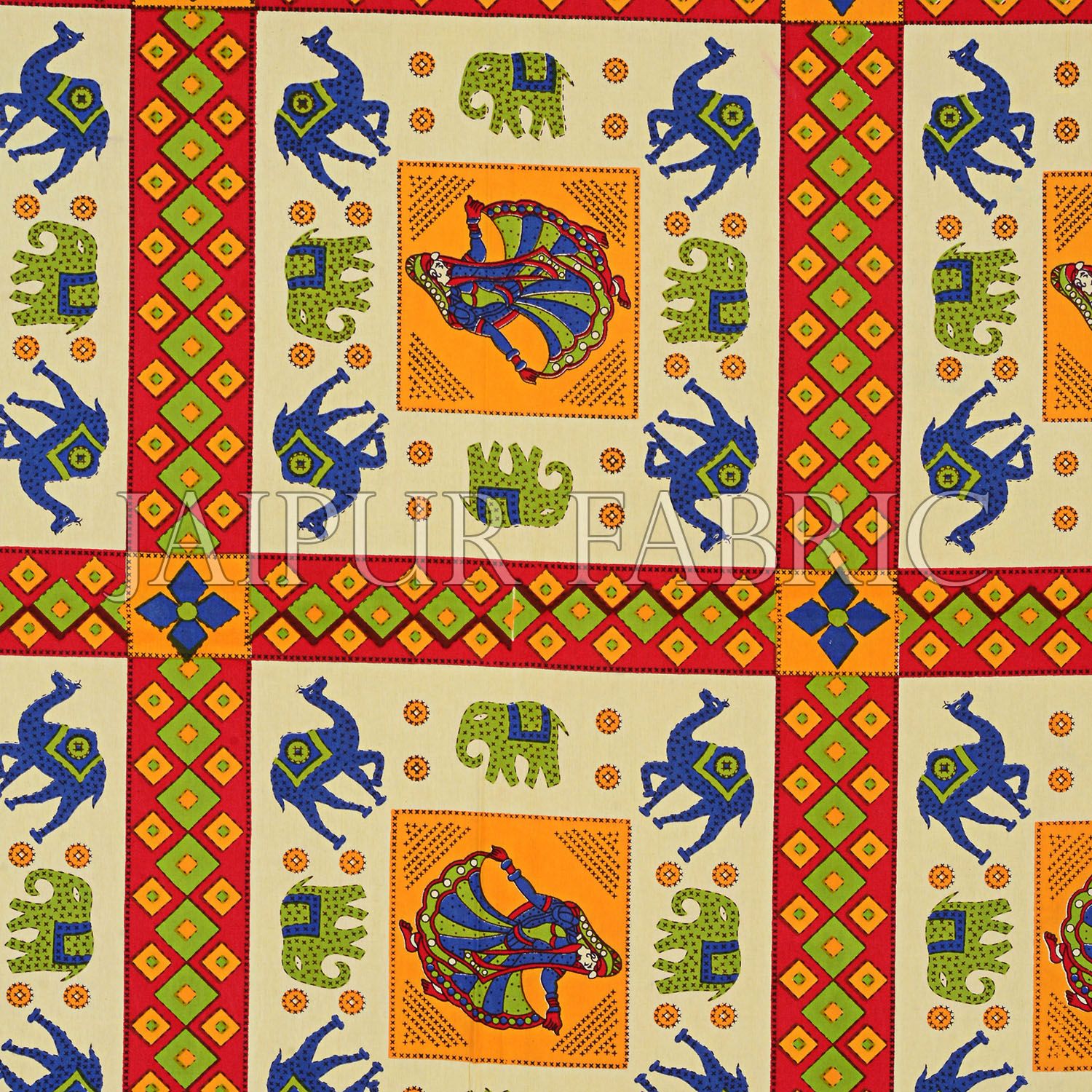 Yellow Border Elephant and Camel Rajasthani Folk Dance Cotton Double Bed Sheet