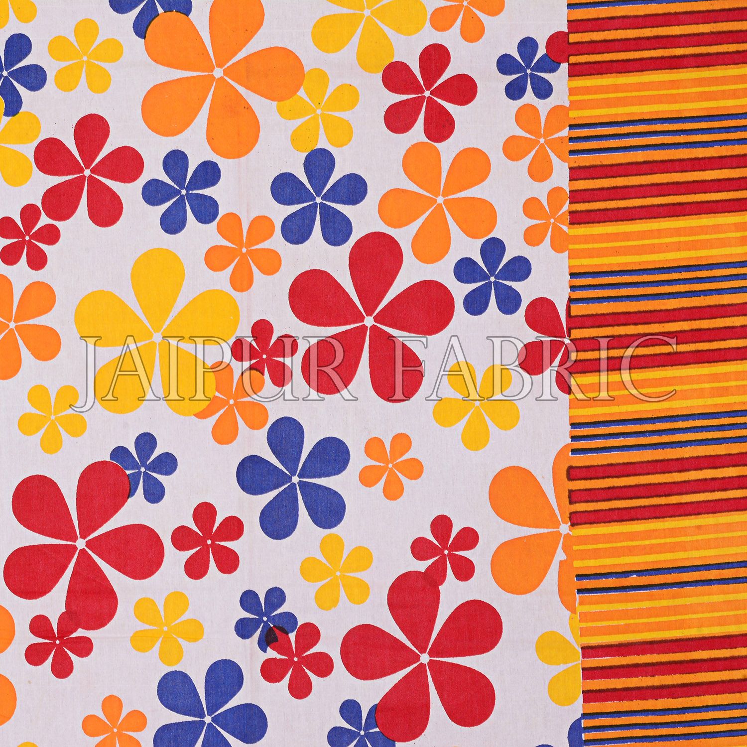 Multi Color Floral Vertical Stripes Blue Border Cotton Double Bed Sheet