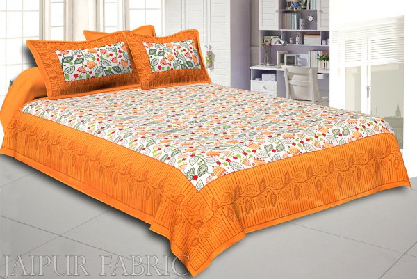Yellow Border Flower and Leaf Printed Cotton Double Bed Sheet