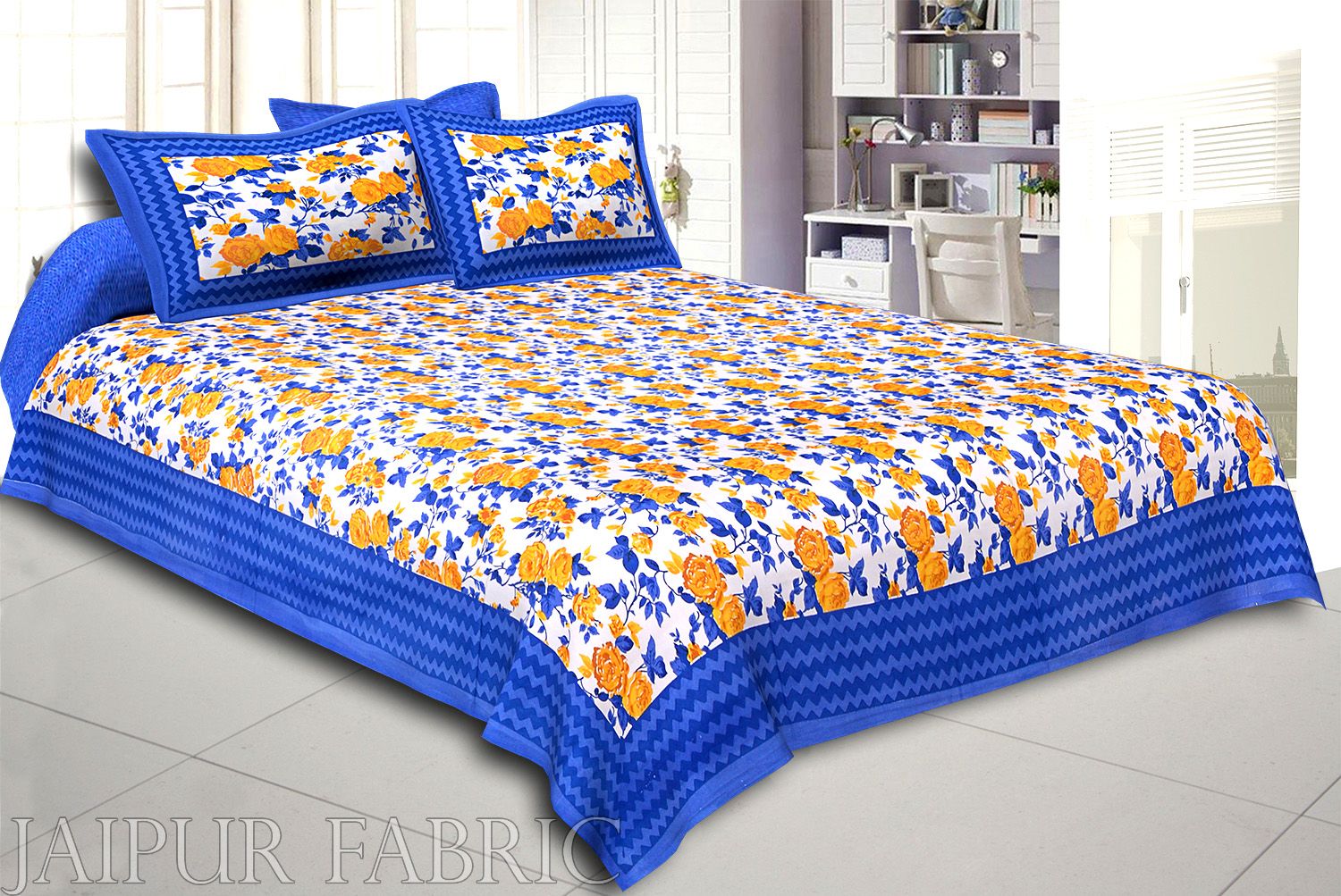 Blue Wavy Border and Floral Print Cotton Double Bed Sheet