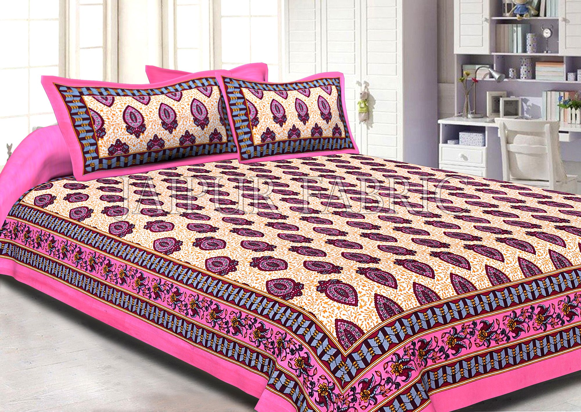 Pink Border Keri Print Cotton Double Bed Sheet
