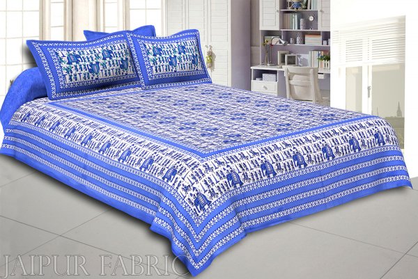 Pastel Blue Rajasthani Wedding Printed Cotton Double Bed Sheet