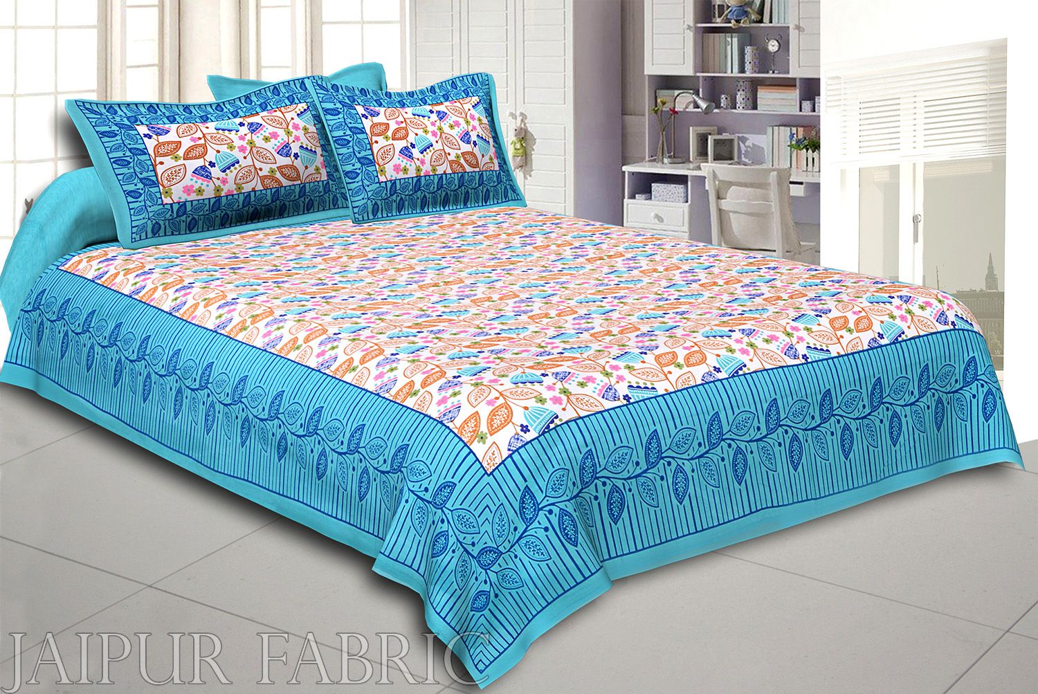 Green Border Flower and Leaf Printed Cotton Double Bed Sheet