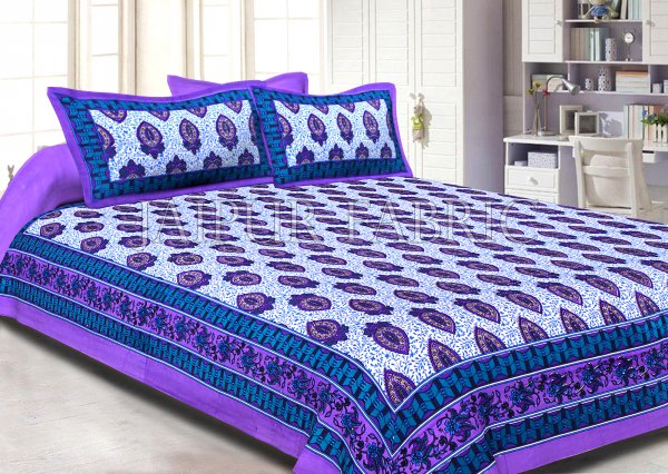 Purple Border Keri Print Cotton Double Bed Sheet