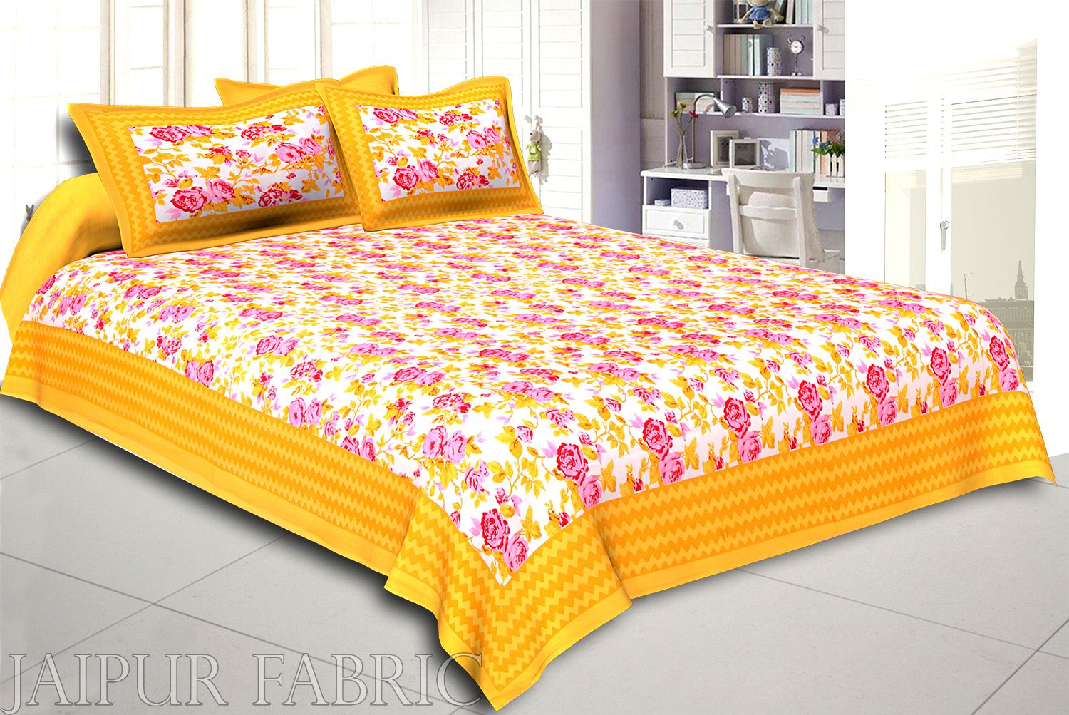 Yellow Wavy Border and Floral Print Cotton Double Bed Sheet