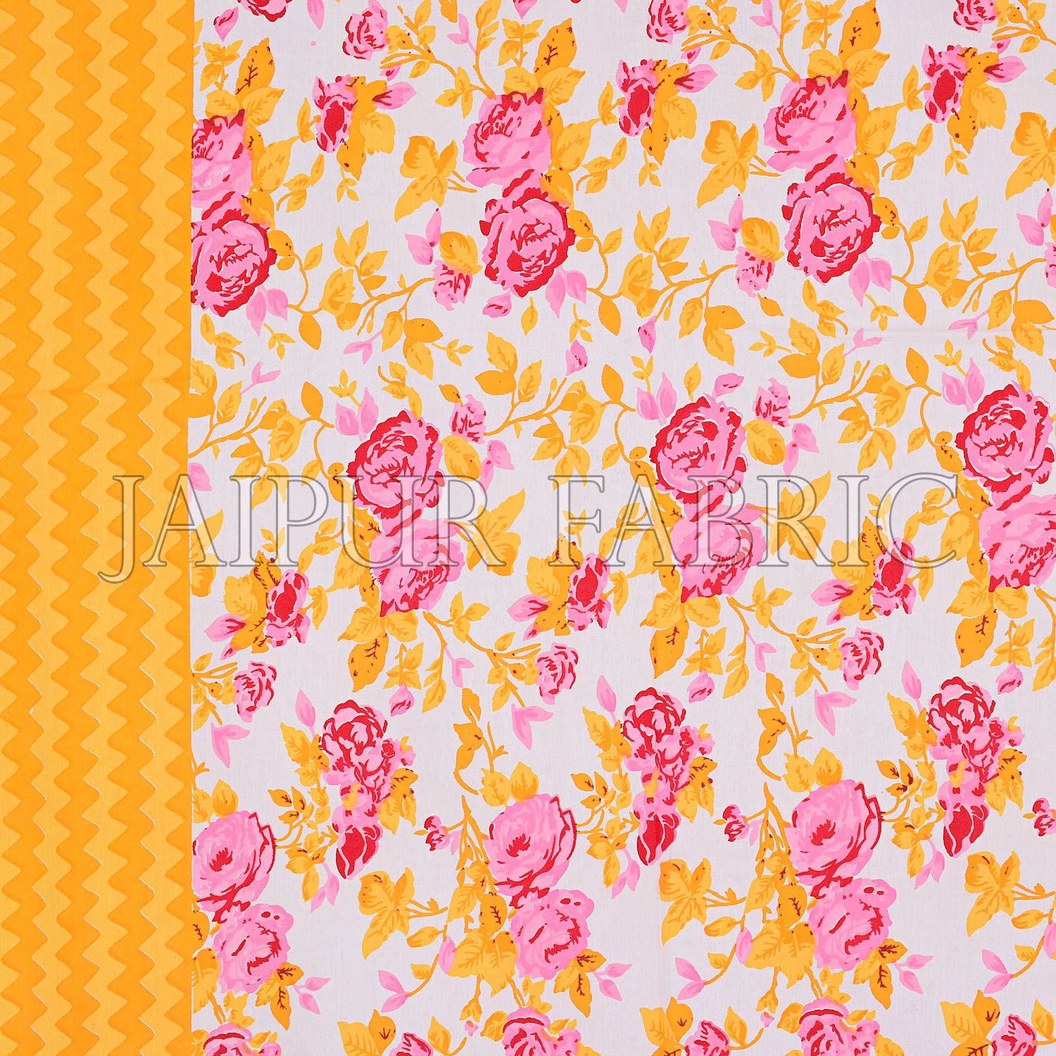 Yellow Wavy Border and Floral Print Cotton Double Bed Sheet