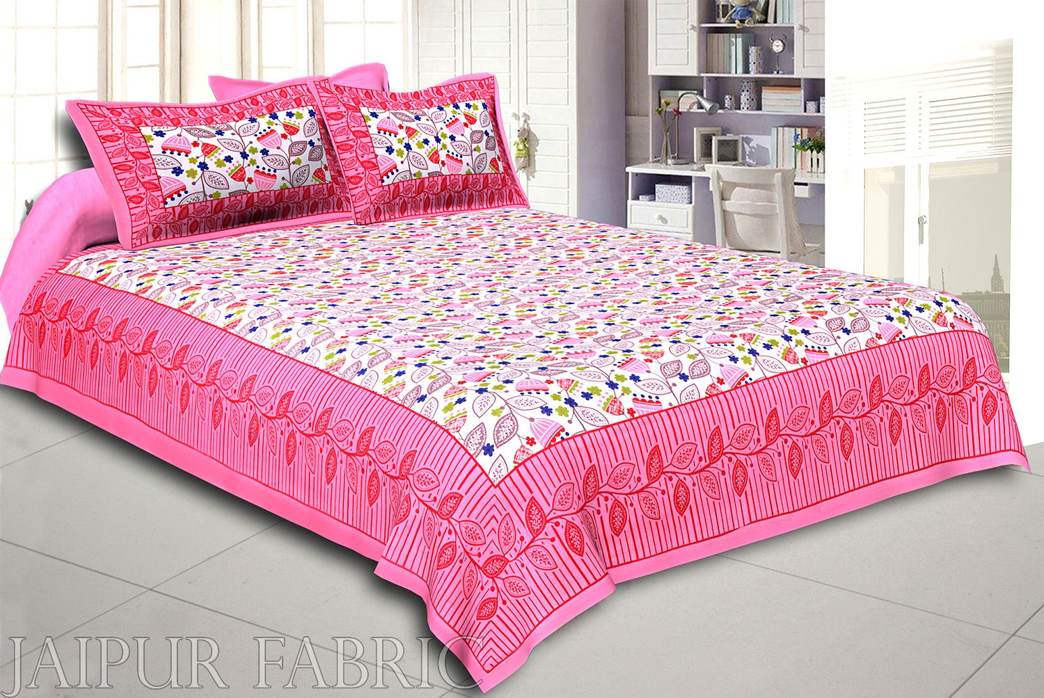 Pink Border Flower and Leaf Printed Cotton Double Bed Sheet