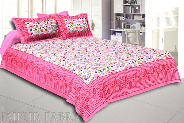 Pink Border Flower and Leaf Printed Cotton Double Bed Sheet