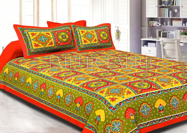 Orange Royal Jaipuri Print Cotton Double Bed Sheet