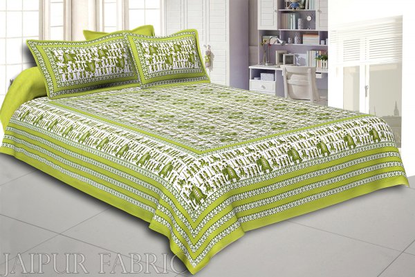 Pastel Green Rajasthani Wedding Printed Cotton Double Bed Sheet