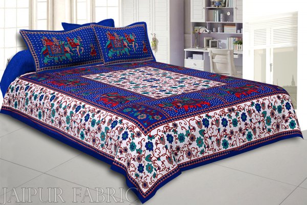 Blue Big Elephant Printed Cotton Double Bed Sheet