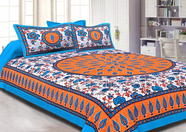 Orange and Cyan Border with White Base Floral Print Cotton Double Bed Sheet