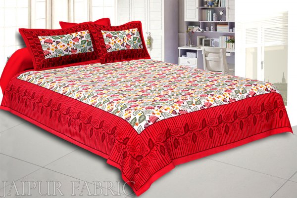 Red Border Flower and Leaf Printed Cotton Double Bed Sheet