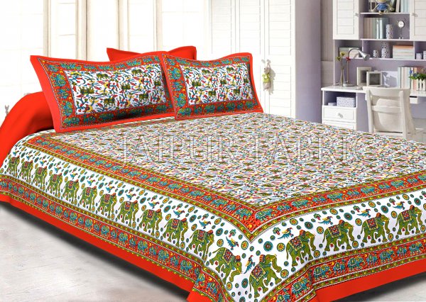 Orange Border Elephant Camel and Bird Print Cotton Double Bed Sheet