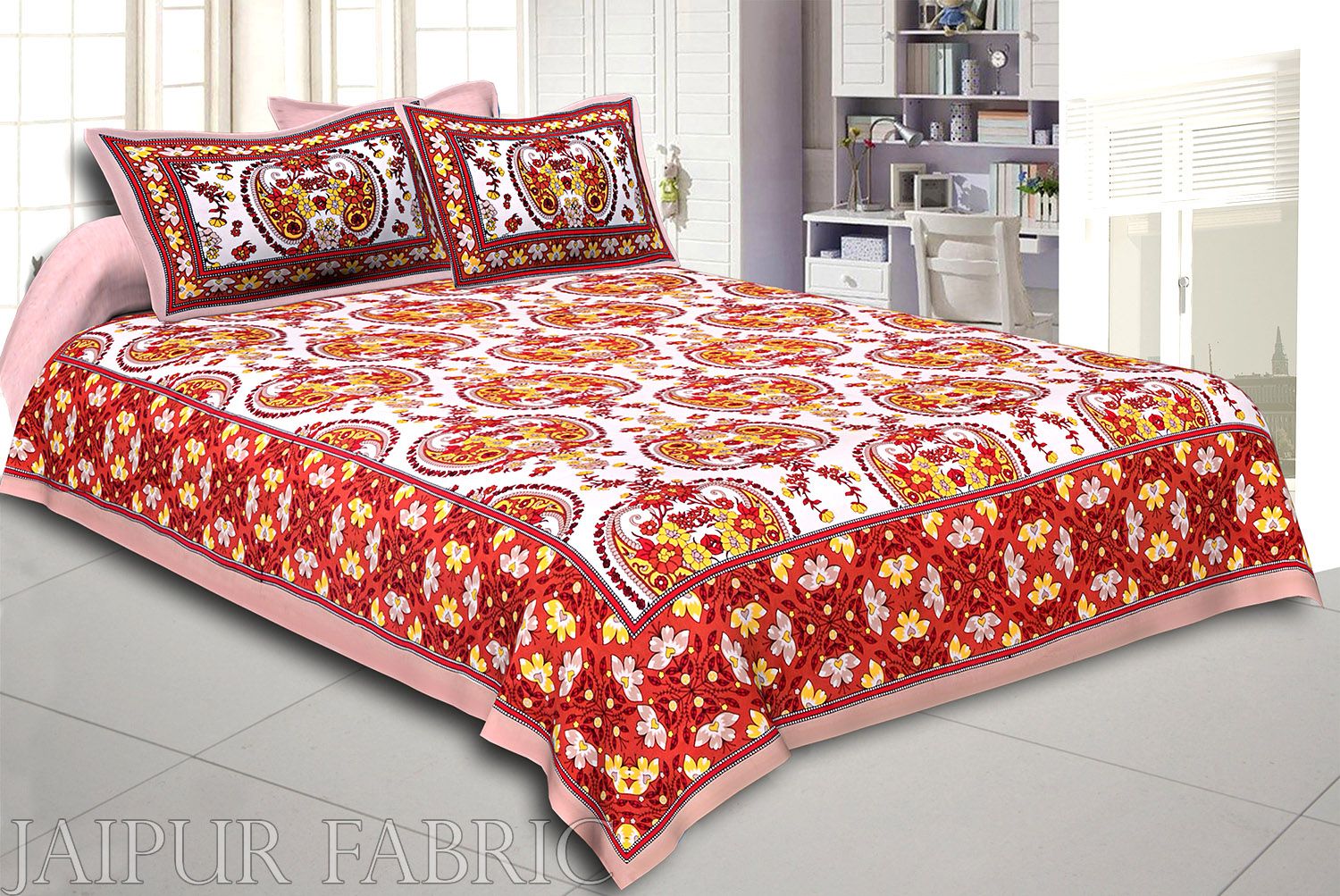 Khaki Keri and Floral Print Cotton Double Bed Sheet