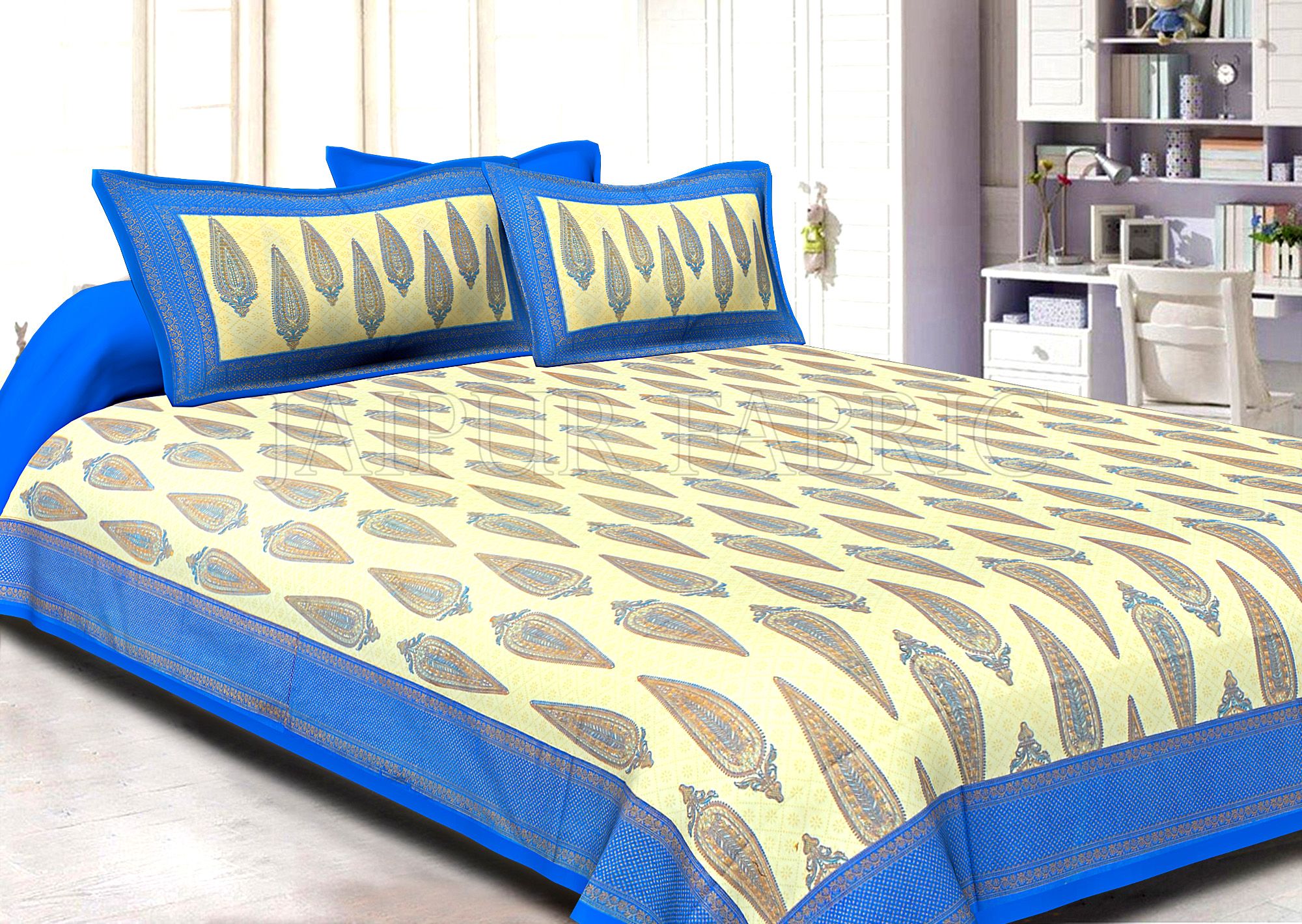 Blue Border Cream Base Long Leaf Pattern With Golden Print Super Fine Cotton Double Bedsheet