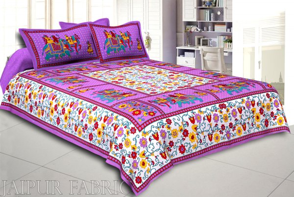 Purple Big Elephant Printed Cotton Double Bed Sheet