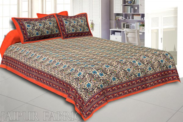 Orange Rajasthani Jaipuri Printed Cotton Double Bed Sheet